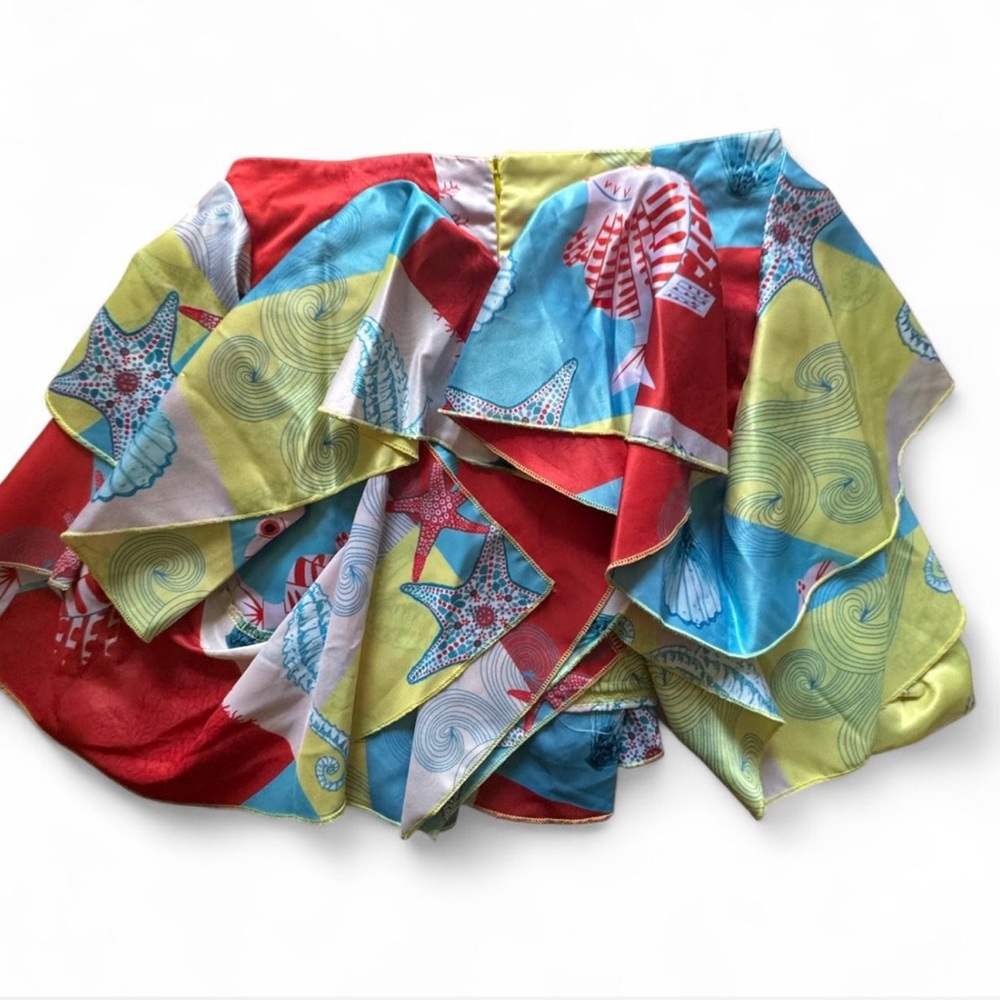 Colorful Ruffled Mini Skirt - Red, Turquoise & Yellow Shell Print - Picture 2 of 6